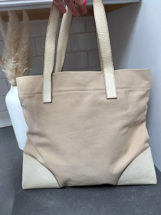 Prada Beige Canvas Shoulder Tote Bag Leather Corners and Handles - Picture 2 of 16